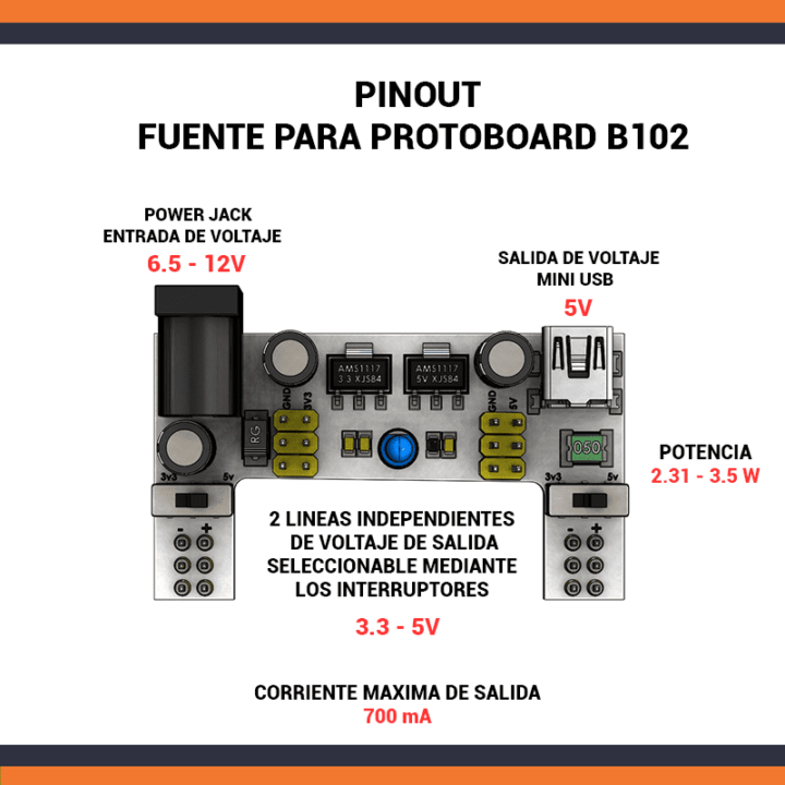 Fuente Alimentación Poder Para Protoboard Mb102 Breadboard - Imagen 2