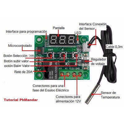 TERMOSTATO DIGITAL W1209 CONTROL TEMPERATURA INCUBADORA + FUENTE PODER - Imagen 5