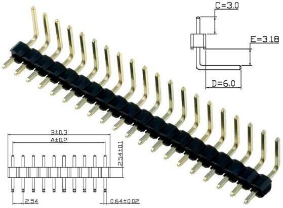 Pack 2 Regleta Conector 1*40P 2.54MM Macho-Macho Inclinado 90°