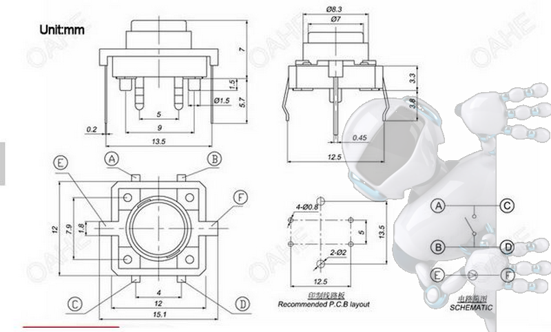 Micro Pulsador Con LED Azul 12*12mm - Imagen 2
